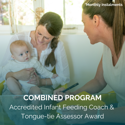 Graphic for the Combined Program: Accredited Infant Feeding Coach & Tongue-tie Assessor Award, showing a perinatal practitioner consulting with a mother holding her baby.
